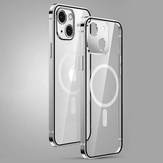 etui do iphone 14 pro elite skin ultra cienkie, krystalicznie czyste z metalową ramką, srebrne z magsafe (kopia)
