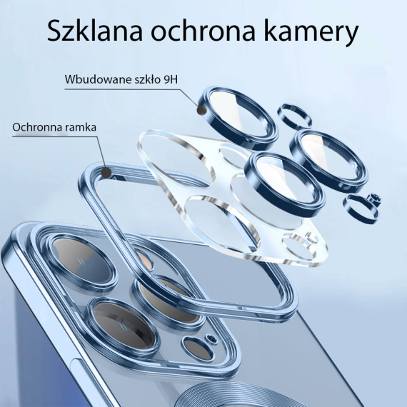 etui do iphone 13 pro magsafe luxury protect przeźroczyste, szklana ochrona kamery, górski błękit