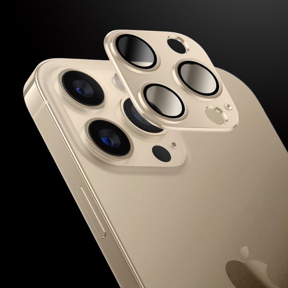 iphone 14 pro metalowa osłona na cały aparat, wbudowane szkła 9h, złota