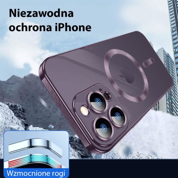 etui do iphone 14 pro magsafe luxury protect przeźroczyste, szklana ochrona kamery, głęboka purpura
