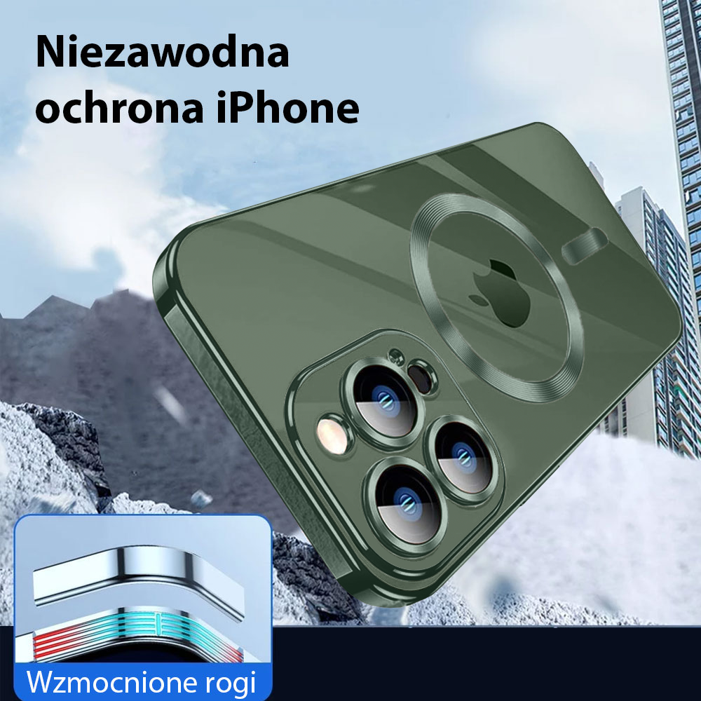 etui do iphone 13 pro max magsafe luxury protect przeźroczyste, szklana ochrona kamery, alpejska zieleń