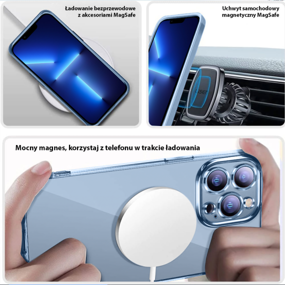 etui do iphone 13 pro magsafe luxury protect przeźroczyste, szklana ochrona kamery, górski błękit