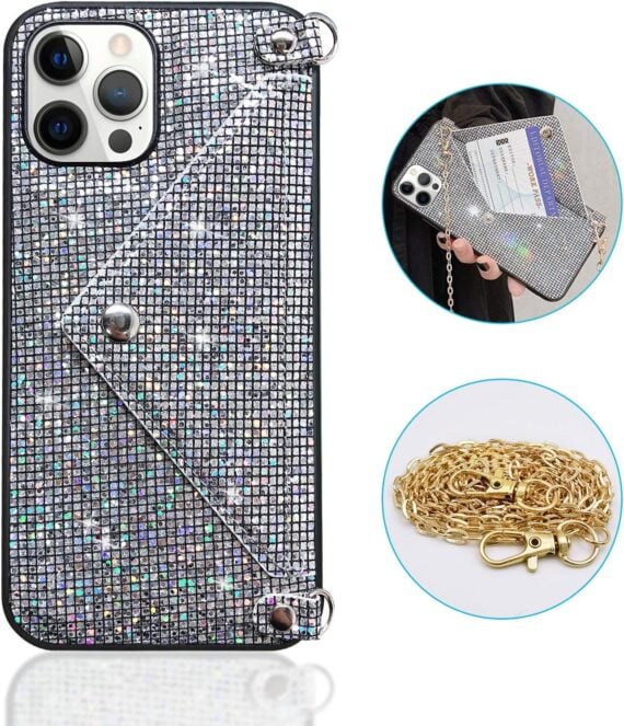 etui do iphone 14 pro eleganckie, błyszczące, torebka z łańcuszkiem, srebrne
