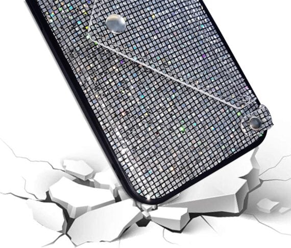 etui do iphone 14 pro eleganckie, błyszczące, torebka z łańcuszkiem, srebrne