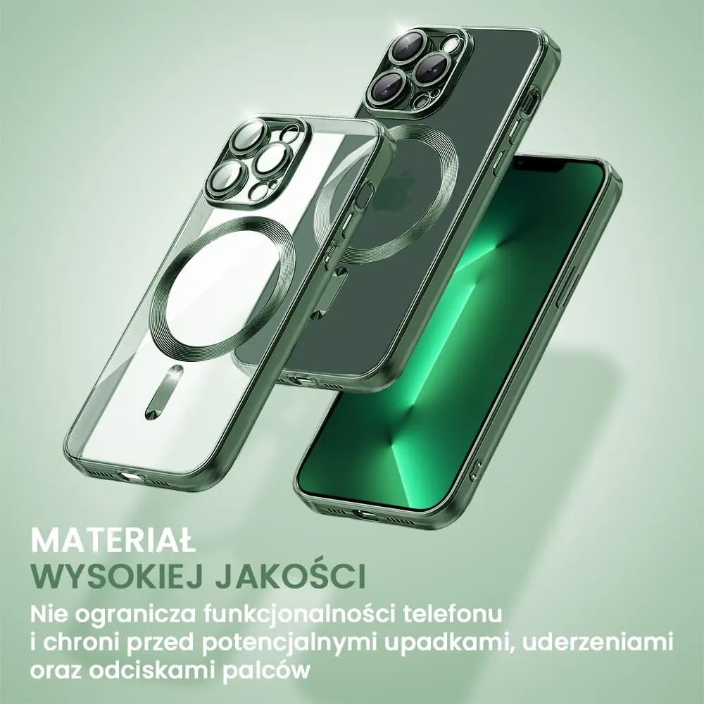 etui do iphone 13 pro magsafe luxury protect przeźroczyste, hybrydowa ochrona kamery, alpejska zieleń