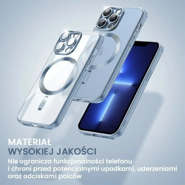 etui do iphone 13 pro magsafe luxury protect przeźroczyste, hybrydowa ochrona kamery, górski błękit