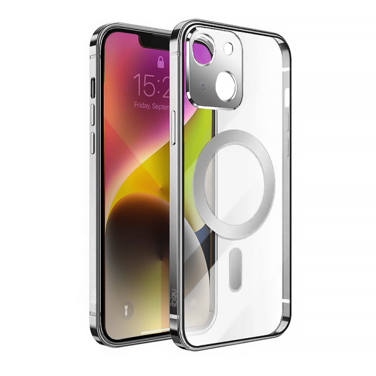 etui do iphone 14 ibizu elite skin ultra cienkie, krystalicznie czyste z metalową ramką, srebrne z magsafe