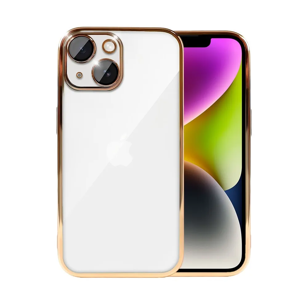 Etui do iPhone 14 Slim Protect Full Cover z osłoną kamery i obiektywów 9H, krystaliczny tył, czerwone złoto