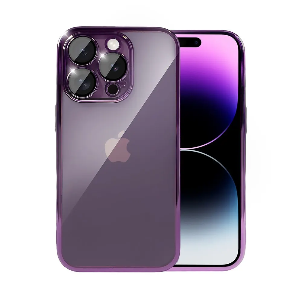 etui do iphone 14 pro max slim protect full cover z osłoną kamery i obiektywów 9h, krystaliczny tył, purpurowy
