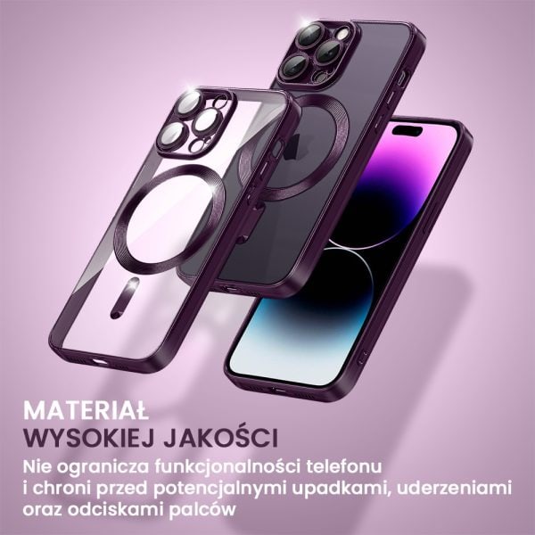 etui do iphone 14 pro max magsafe luxury protect przeźroczyste, hybrydowa ochrona kamery, głęboka purpura