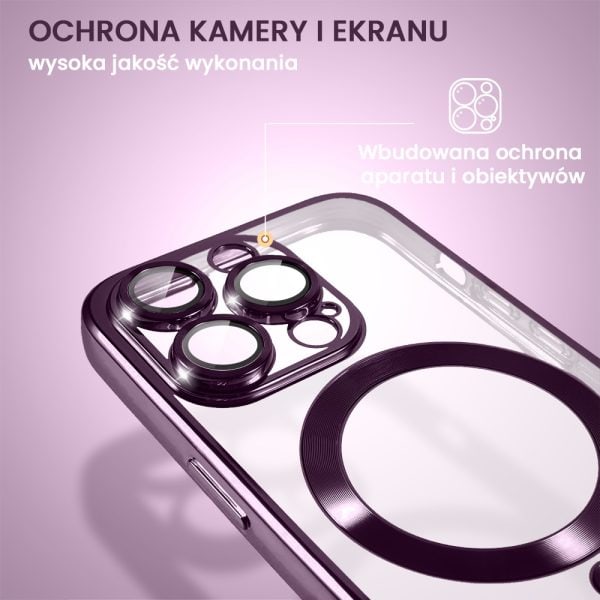 etui do iphone 14 pro magsafe luxury protect przeźroczyste, szklana ochrona kamery, głęboka purpura