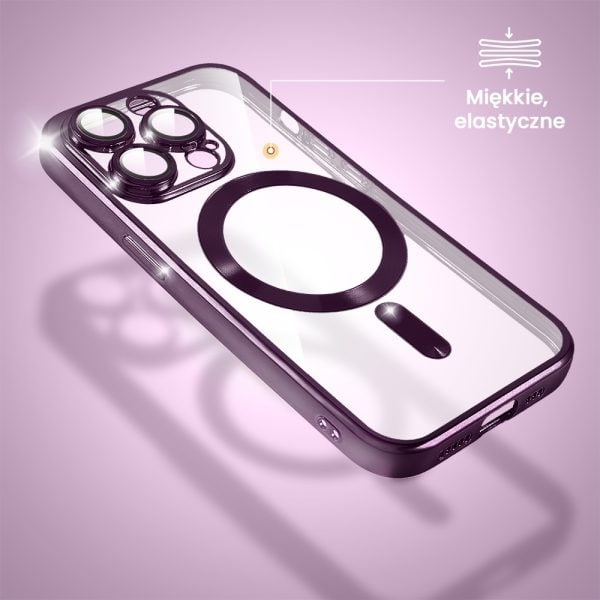 etui do iphone 14 pro magsafe luxury protect przeźroczyste, szklana ochrona kamery, głęboka purpura