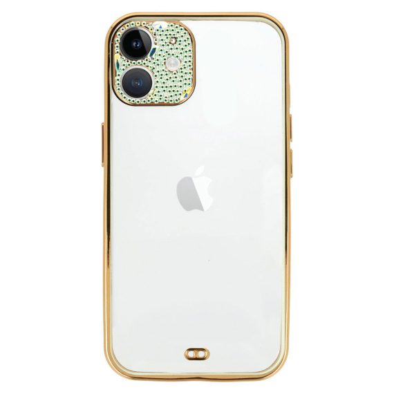 etui do iphone 12 fashion gold przeźroczysty tył, pozłacane elementy, diamentowa osłona na aparat, biała ramka