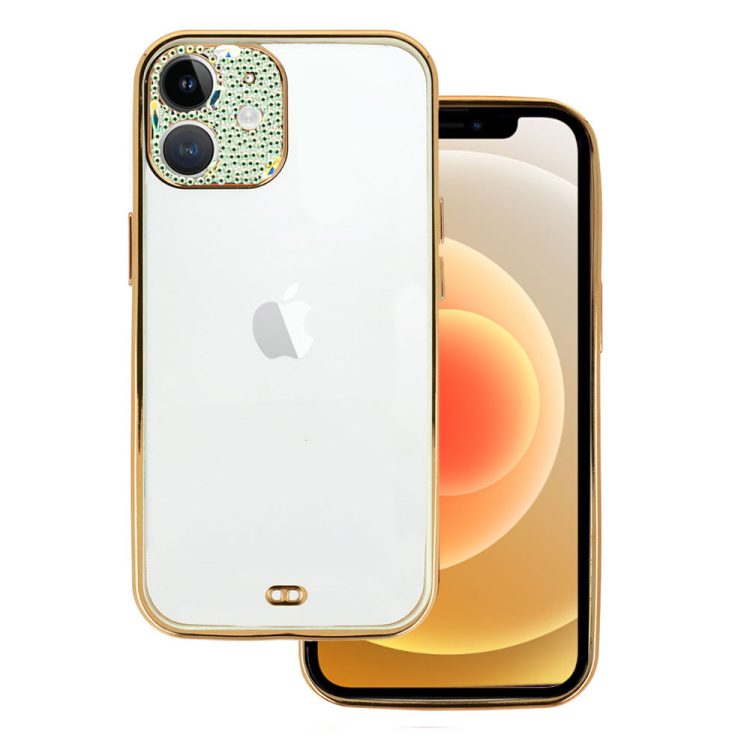 etui do iphone 12 fashion gold przeźroczysty tył, pozłacane elementy, diamentowa osłona na aparat, biała ramka