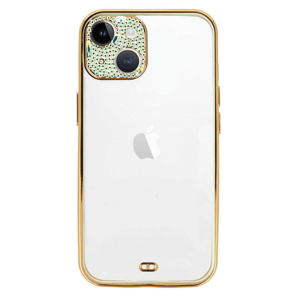 etui do iphone 14 fashion gold przeźroczyste z białą ramką, pozłacane elementy, błyszcząca osłona na aparat