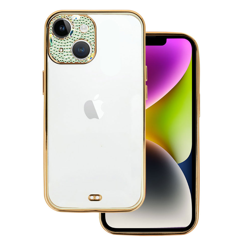 etui do iphone 14 fashion gold przeźroczyste z białą ramką, pozłacane elementy, błyszcząca osłona na aparat