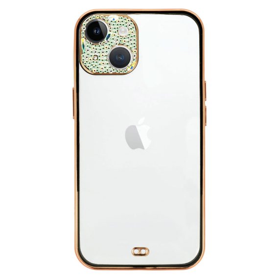 etui do iphone 14 fashion gold przeźroczyste z czarną ramką, pozłacane elementy, błyszcząca osłona na aparat