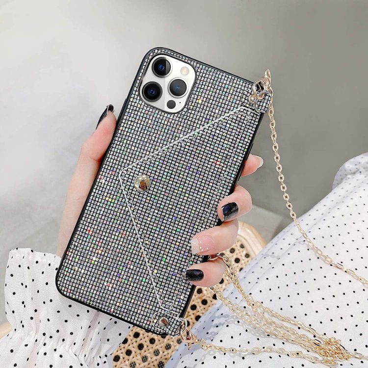 Etui do iPhone 14 Pro eleganckie, błyszczące, torebka z łańcuszkiem, srebrne