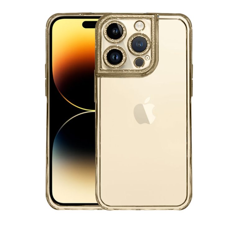 Etui do iPhone 14 Pro kryształowa struktura, osłona na aparat, przeźroczyste ze złotą ramką