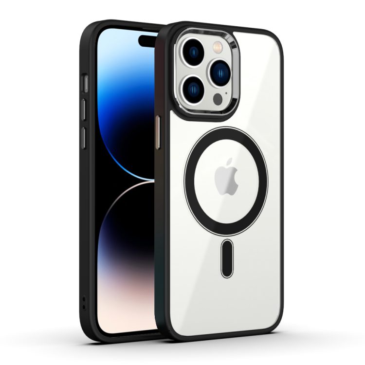 Etui do iPhone 14 Pro Magsafe, przeźroczyste, szklany tył, czarna ramka
