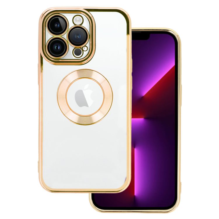 Etui do iPhone 14 Pro transparentne ze złotą ramką, wycięcie na logo telefonu