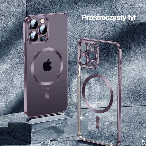 etui do iphone 14 pro max magsafe luxury protect przeźroczyste, hybrydowa ochrona kamery, głęboka purpura