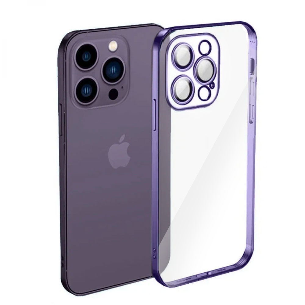 Etui do iPhone 14 Pro Max Slim Protect Full Cover z osłoną kamery i obiektywów 9H, krystaliczny tył, purpurowy