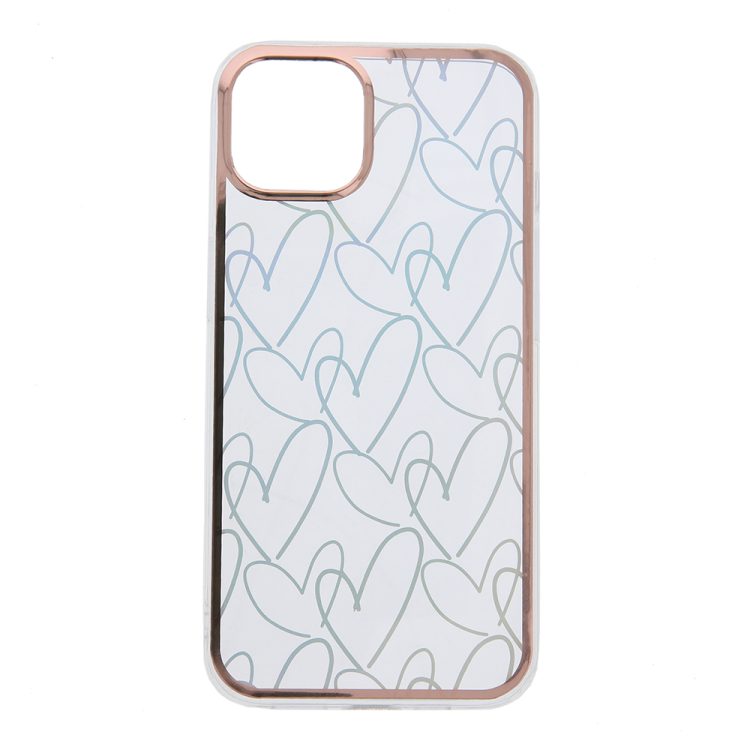 etui do iphone 14 holo gold, holograficzny nadruk serca, szklany tył, ramka w kolorze czerwonego złota