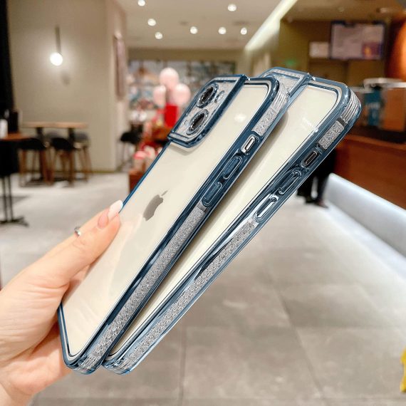 etui do iphone 14 kryształowa struktura, osłona na aparat, przeźroczyste z niebieską ramką
