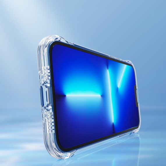 etui do iphone 13 pro przeźroczyste, pancerne, z haczykami podstawką, szklany tył