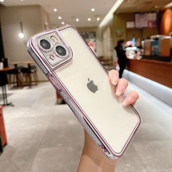 etui do iphone 14 plus kryształowa struktura, osłona na aparat, przeźroczyste z różową ramką