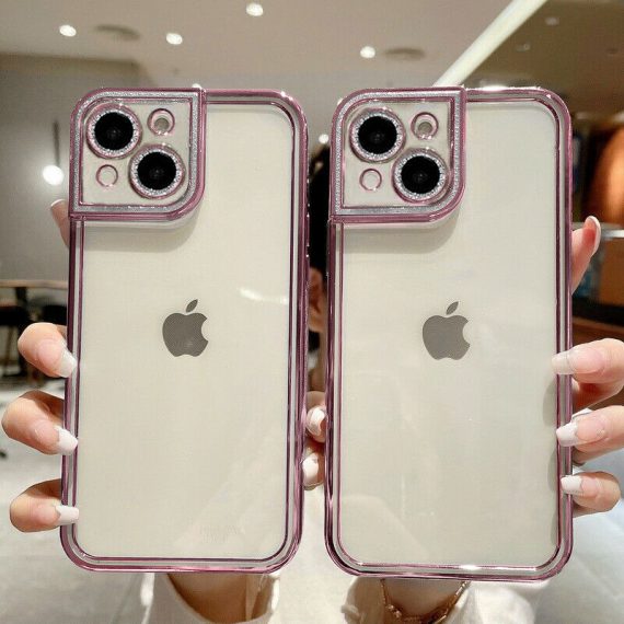 etui do iphone 14 plus kryształowa struktura, osłona na aparat, przeźroczyste z różową ramką