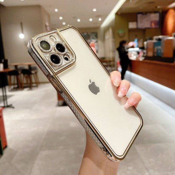 etui do iphone 14 pro max kryształowa struktura, osłona na aparat, przeźroczyste ze złotą ramką