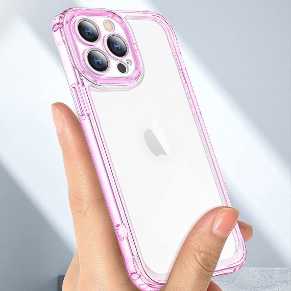etui do iphone 14 pro pancerne, wzmocnione boki, szklany tył transparentne różowe