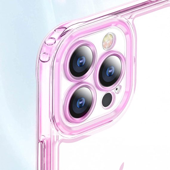 etui do iphone 14 pro pancerne, wzmocnione boki, szklany tył transparentne różowe