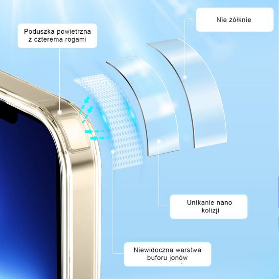 etui do iphone 14 pro transparentne, złote elementy, wycięcie na logo telefonu