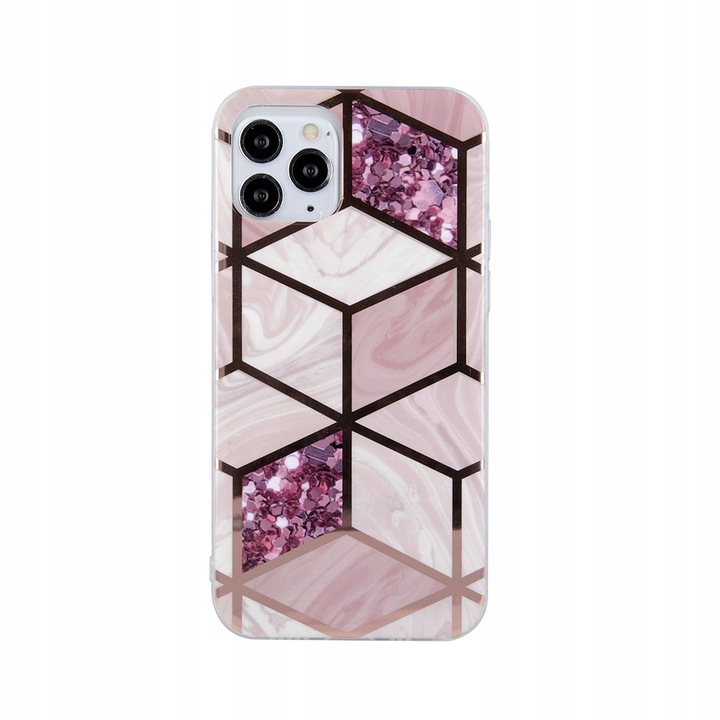 Etui do iPhone 12 Pro marmurkowe geometryczne mozaika ze złotem, różowe