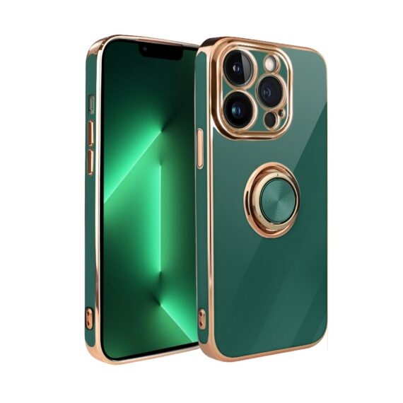 Etui do iPhone 13 Pro Max eleganckie, ze złotym metalowym uchwytem i zdobieniami, zielone, now (4)