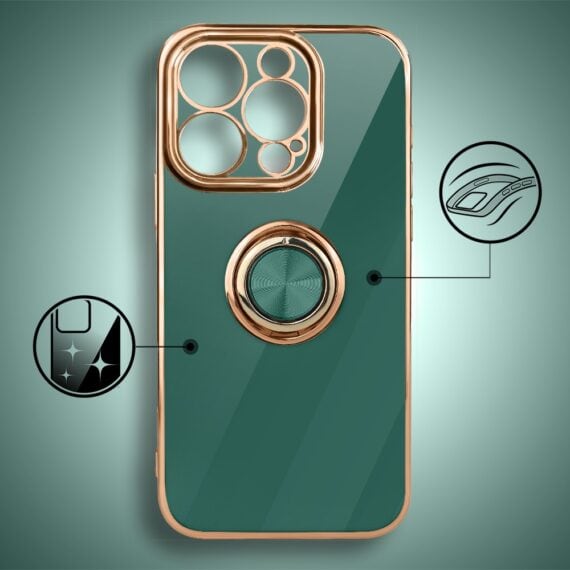 Etui do iPhone 13 Pro Max eleganckie, ze złotym metalowym uchwytem i zdobieniami, zielone, now (6)