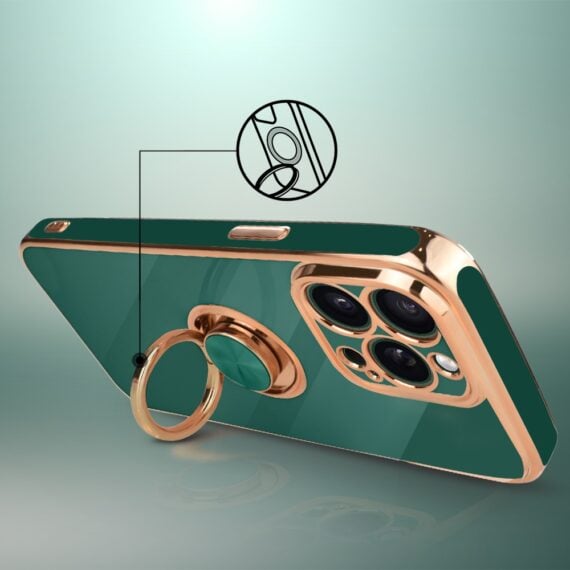 Etui do iPhone 13 Pro Max eleganckie, ze złotym metalowym uchwytem i zdobieniami, zielone, now (7)