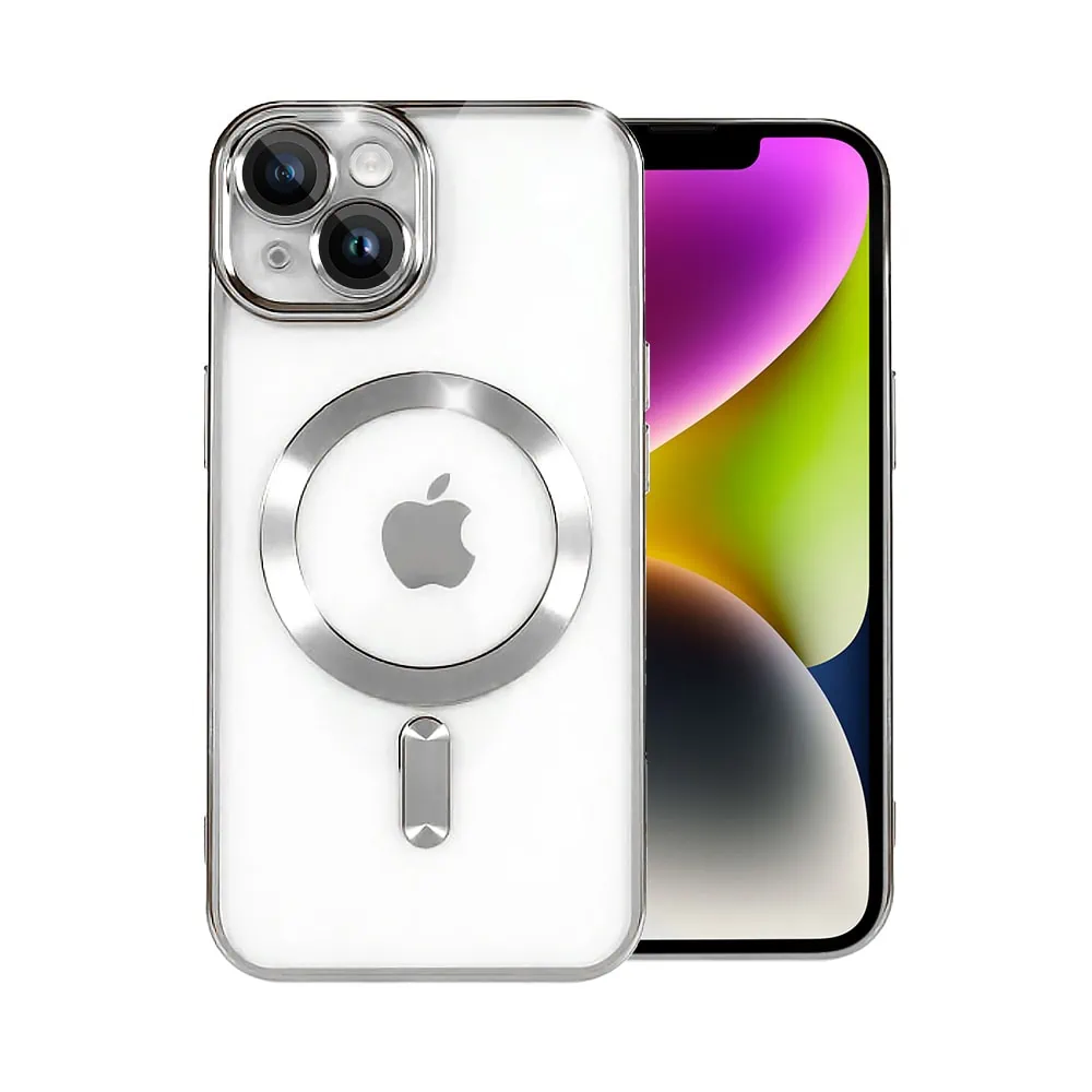 Etui do iPhone 14 Plus MagSafe Luxury Protect przeźroczyste, hybrydowa ochrona kamery, srebrne