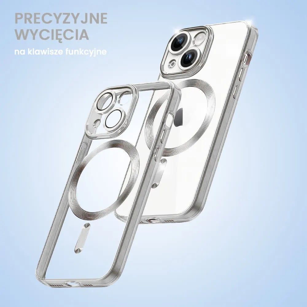 etui do iphone 14 magsafe luxury protect przeźroczyste, hybrydowa ochrona kamery, srebrne