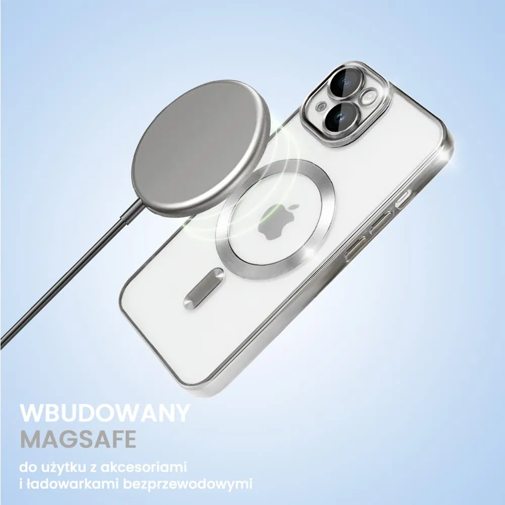 etui do iphone 14 magsafe luxury protect przeźroczyste, hybrydowa ochrona kamery, srebrne