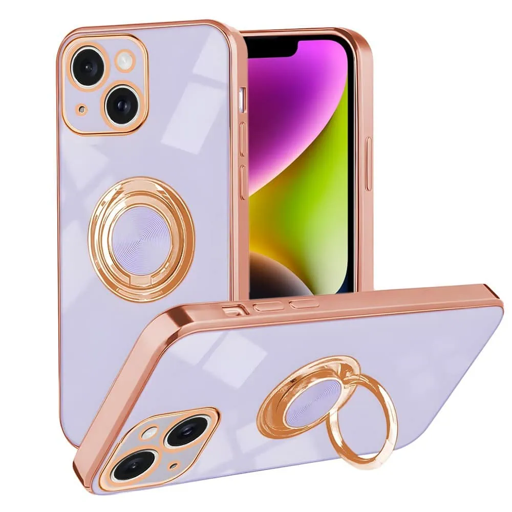 etui do iphone 14 plus eleganckie, ze złotym, metalowym uchwytem i zdobieniami, osłona na aparat, fioletowo liliowe