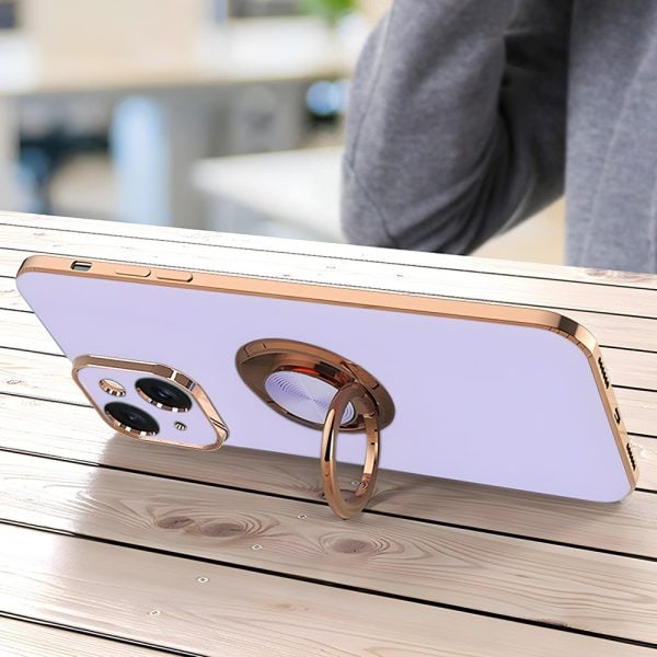 etui do iphone 14 plus eleganckie, ze złotym, metalowym uchwytem i zdobieniami, osłona na aparat, fioletowo liliowe