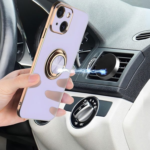 etui do iphone 14 plus eleganckie, ze złotym, metalowym uchwytem i zdobieniami, osłona na aparat, fioletowo liliowe