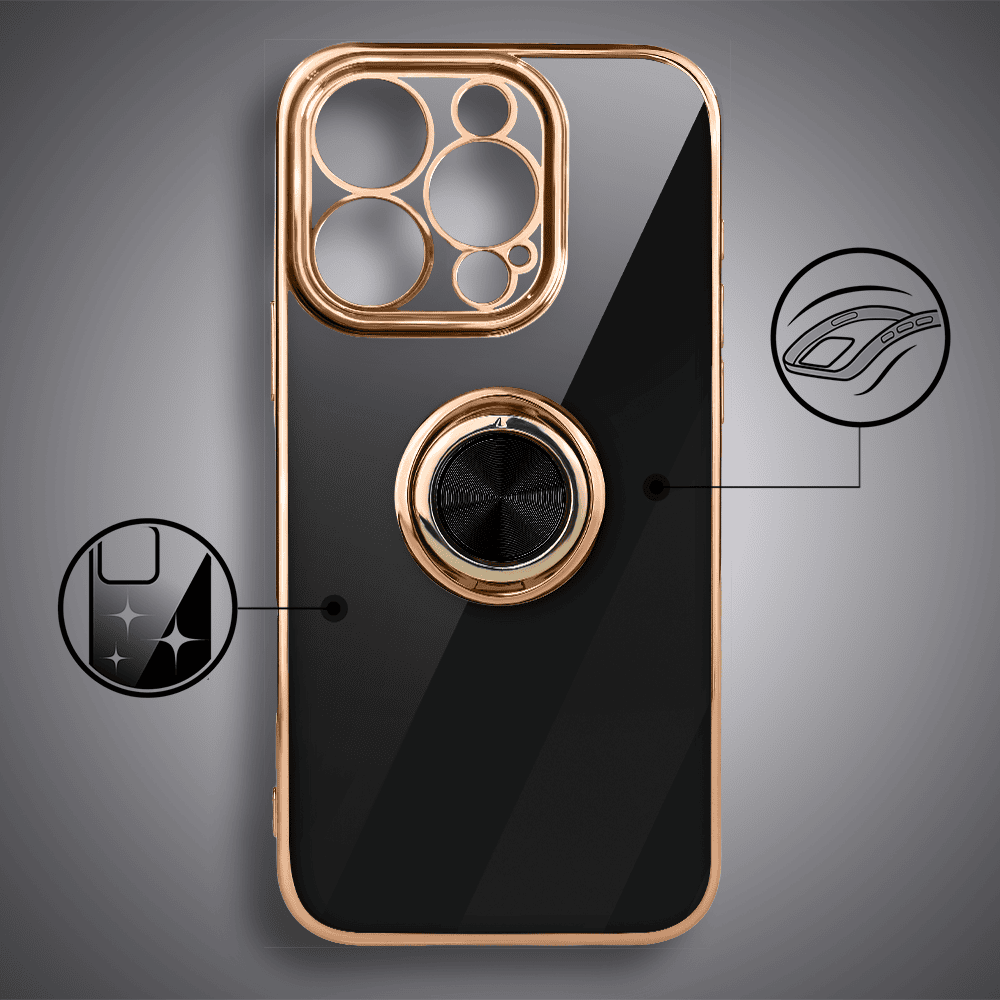 Etui do iPhone 14 Pro eleganckie, ze złotym, metalowym uchwytem i zdobieniami, osłona na aparat, czarne, nowe (10)