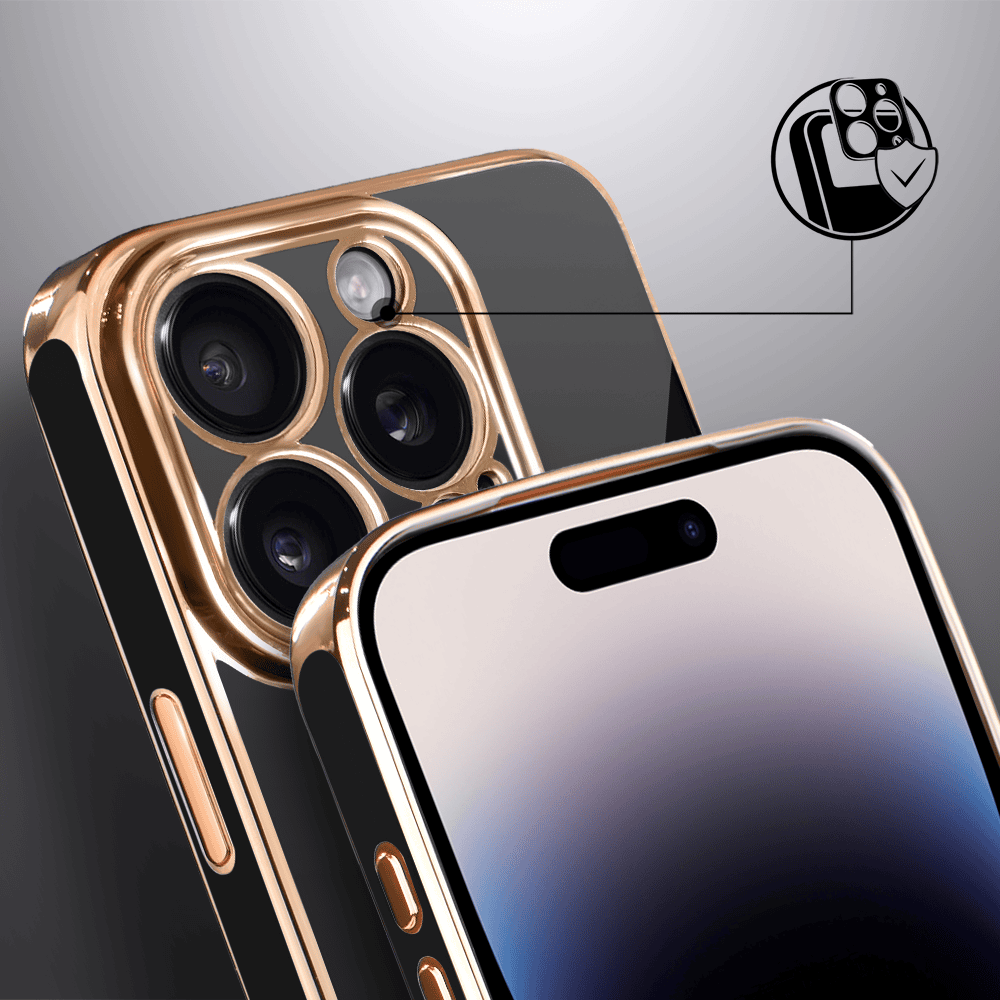 Etui do iPhone 14 Pro eleganckie, ze złotym, metalowym uchwytem i zdobieniami, osłona na aparat, czarne, nowe (2)