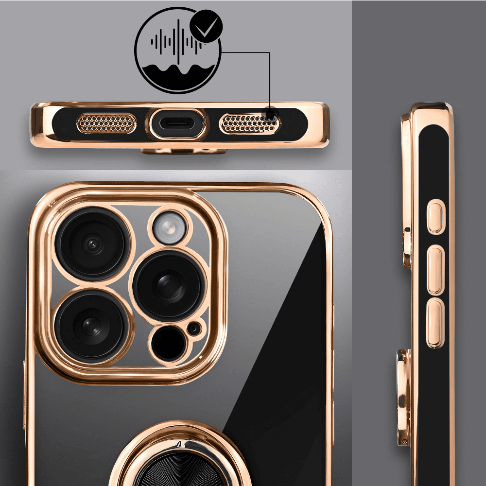 Etui do iPhone 14 Pro eleganckie, ze złotym, metalowym uchwytem i zdobieniami, osłona na aparat, czarne, nowe (4)