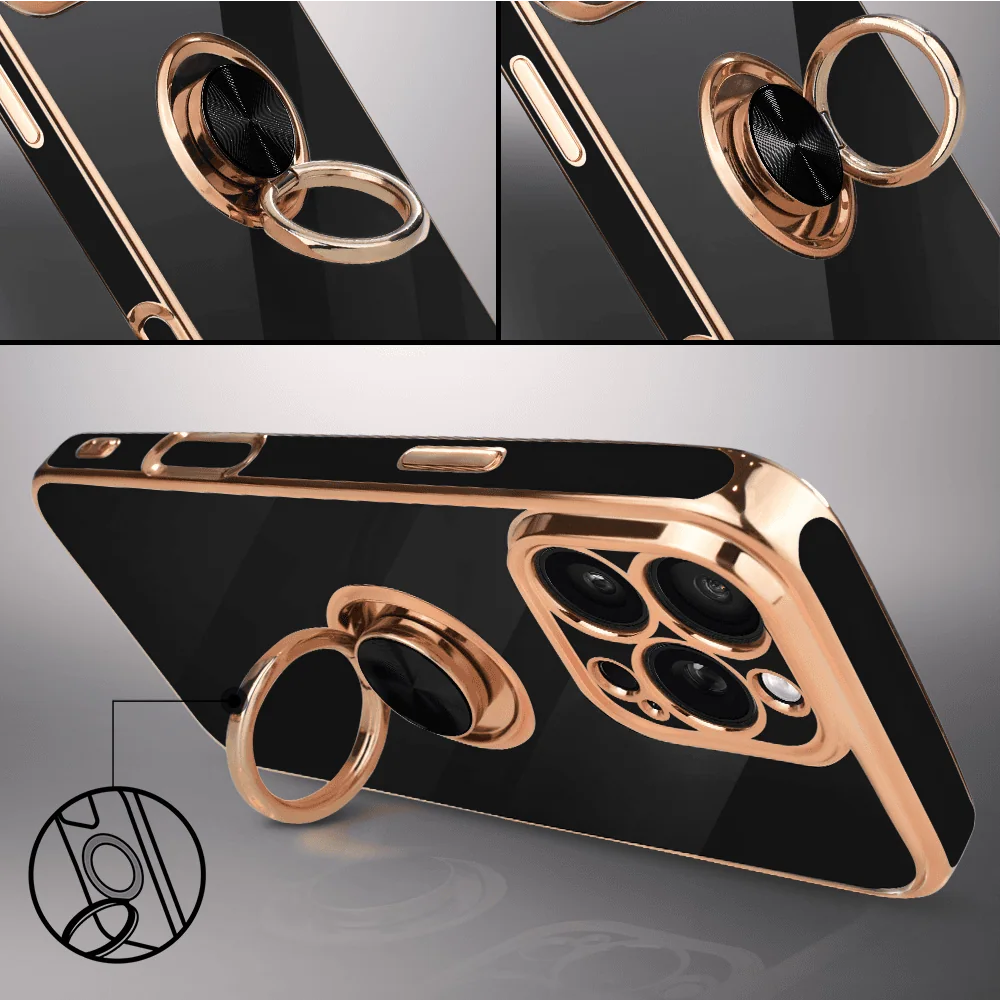 Etui do iPhone 14 Pro eleganckie, ze złotym, metalowym uchwytem i zdobieniami, osłona na aparat, czarne, nowe (7)